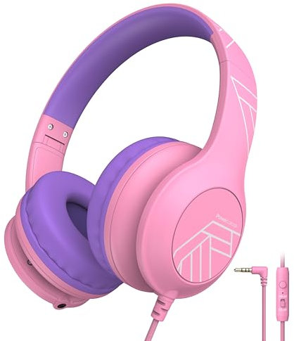 PowerLocus Auriculares para Niños, Cascos para Niños con Límite de Volumen Seguro de 85/94dB, Auriculares Infantiles con Cable, Micrófono Integrado, Plegable para iPad/Tabletas/Viajes (Rosa)