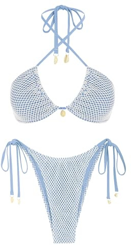 ZAFUL Women's Triangle Bikini Multiway Fishnet Tie Side Bandeau Halter String Bikini Set Two Piece Swimsuit Bathing Suits (1-Light Blue, Large)