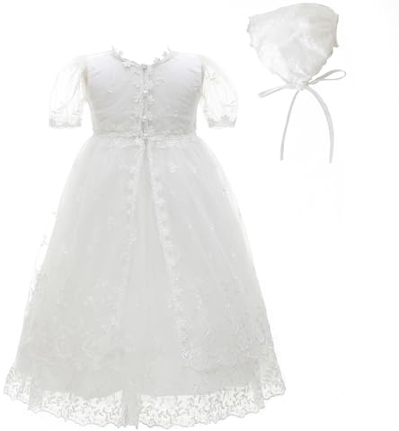 perfect petal Baby Girls Baptism Christening Dress 3Pcs Infant Toddler Floral Embroidered Lace Gown(12M,Ivory)