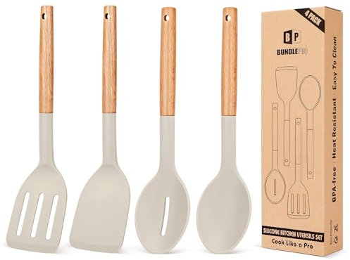 Pack of 4 Silicone Cooking Utensils Set, Non Stick Solid Spatulas and Heat Resistant Slotted Spoons with Wooden Handle, Ideal Wood Kitchen Utensils Set for Frying,Serving,Turning,Stirring (Khaki)