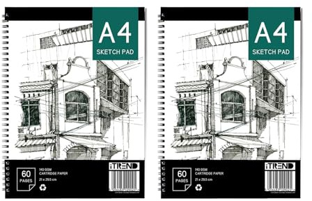iTrend A4 Artist Sketch Book - Spiral Sketchbook - White Cartridge Art Drawing Paper - A4 60 Pages Sketch Pad - 140GSM Cartridge Paper - 21 x 29.5cm - Pack of 2