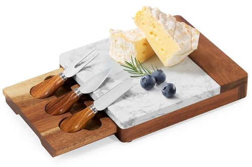 COCOBOSS Premium ostbräda av akaciaträ med marmoryta – inkl. ostknivset – elegant karakteristisk bräda för ost, antipasti och vinkvällar vit