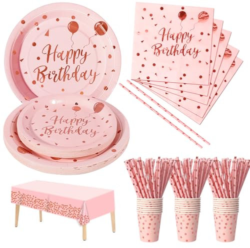 Nkaiso Birthday Party Tableware Pink and Rose Gold 121 Pieces Paper Set Includes Plates Napkins Cups Party Decoration Supplies -24 Guests