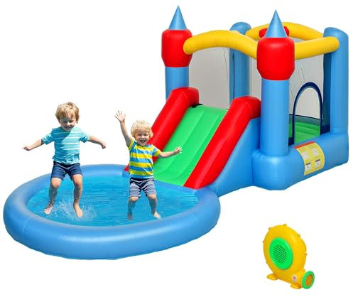 AIYAPLAY Castello gonfiabile con soffiatore 4 in 1 struttura gonfiabile, scivoli, trampolino, canestro da basket, piscina di palline, per esterni e interni, fino a 3 bambini 3-8 anni
