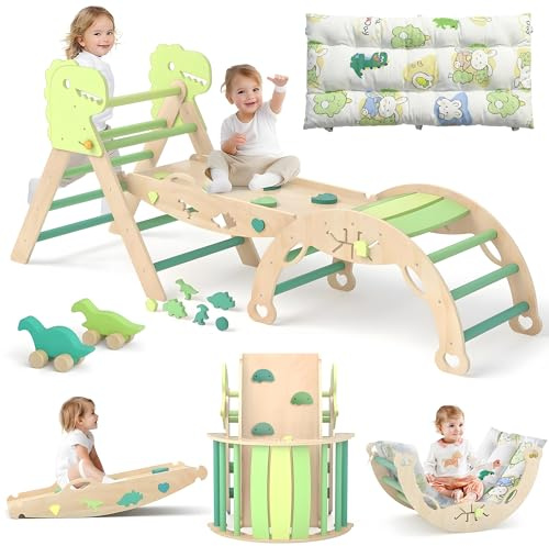 LEWGEE Montessori Indoor Spielset:9-in-1 Klettergerüst,Indoor Kletterdreieck, Kletterbogen mit Kissen,und Rutsche für Kinder,Indoor Spielplatz 1-3 Jahre
