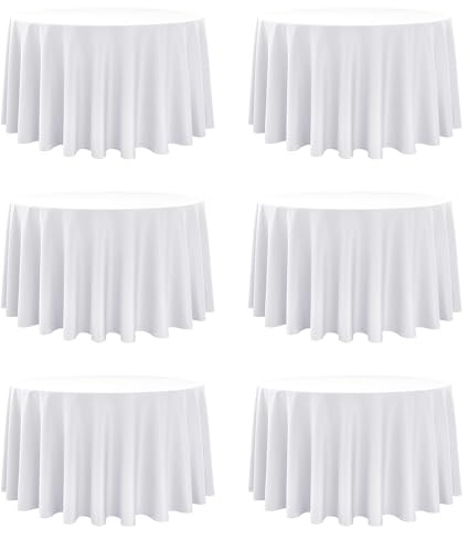 Dailyset 6-Pack White Round Tablecloths, 120 Inches, Stain-Resistant Polyester for 5-6 Ft Round Tables - Washable Table Covers for Weddings, Banquets, Birthday, Parties, Events
