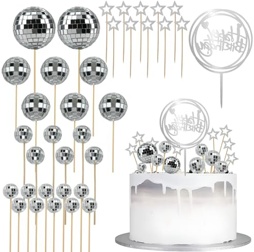 SJUNJIE 35 Pezzi Palla Discoteca Torta Compleanno Plug Decorativo Argento Palla da Discoteca Scintillanti Sfera Discoteca per Decorazione Della Festa a Tema Compleanno Musica