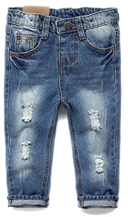 KIDSCOOL SPACE Jeans Bébé Fille Garçon,Petit Pantalon Denim Déchiré Taille Élastique pour Enfant,Bleu,18-24 Mois