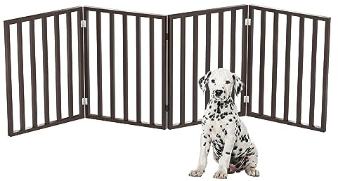 PETMAKER Husdjursgrind – 4-panels inomhus hopfällbart hundstaket för trappor, hallar eller dörröppningar – 182 x 61 cm infällbart trä fristående hundgrindar (brun)