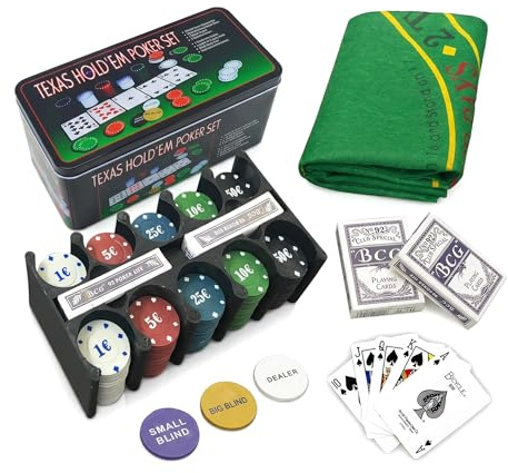 various Set de poker avec 200 jetons et boîte métallique, jeu de poker Texas Holdem avec 2 Decks et bouton Dealer, Kit Poker pour Blackjack, casino et soirées de jeu en famille