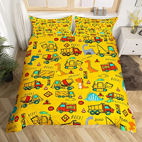 Set di biancheria da letto con dinosauro, set di biancheria da letto per ragazzi e ragazze, per escavatore, set di biancheria da letto con dinosauri, macchinari e automobili, colore: giallo super king