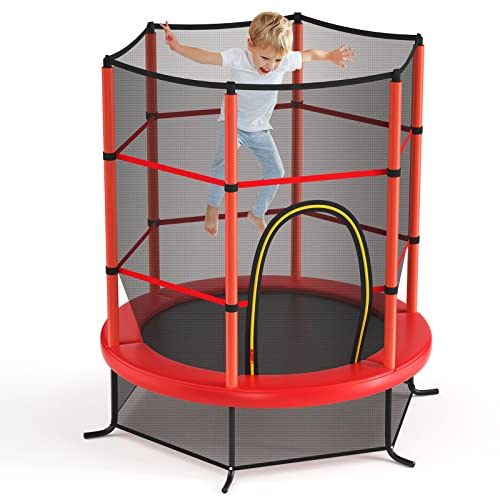 GOPLUS Trampoline Enfant Ø165cm, Cadre en Acier, Trampoline Extérieur et Intérieur avec Filet de Sécurité, Charge Dynamique 45KG et Statique 135KG, pour Enfants 3+ Ans, Rouge