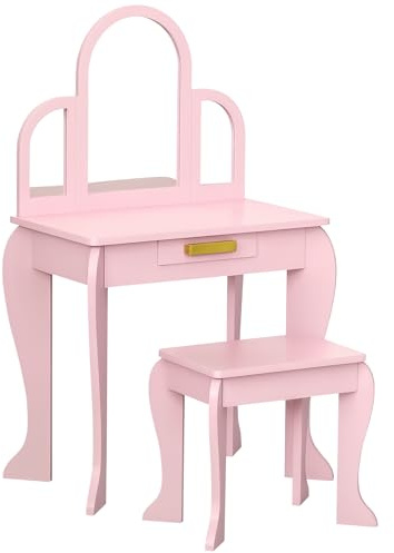 HOMCOM Kids Dressing Table and Stool Kids Vanity Set Makeup Desk w/Mirror, Drawer, for Ages 3-6 Years, Pink