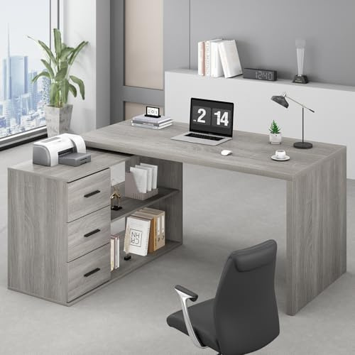 HSH L Shape Desk with Drawers, L-Shaped Desk with Storage Cabinet Shelves, Home Office Corner Computer Desk for Executive Writing, Modern Wood Study PC Table in Bedroom Living Room, Grey Oak, 140cm