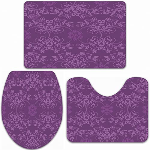 URSOPET Badteppich-Set 3-teilige, rutschfeste,Aubergine, wunderschöne wohlgeformte Blumen auf violettem Hintergrund,rutschfeste Badematte, U-förmiger Konturteppich und Toilettendeckel
