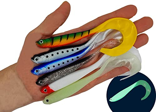 Gummifische Hecht und Zander mit Twisterschwanz 6 Stück 12cm 6g | Mit Hakentaschen für Offset Haken und Standard Jigköpfe | Zander Köder Hecht Köder (6er Set)