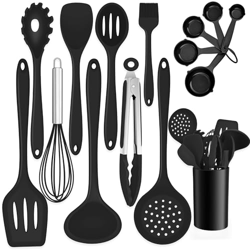 TEAMFAR Küchenhelfer Set, 15 Stück Silikon Küchenutensilien Kochbesteck Set mit Utensilienhalter, Schwarz Antihaft Pfannenwender zum Kochen, Hitzebeständiger & Lebensmittelqualität, Spülmaschinenfest