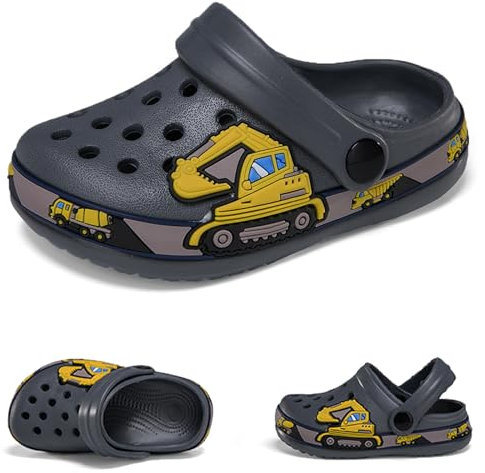 Hitopteu Kinder Clogs Jungen Mädchen Dinosaurier Gartenschuhe Pantoffeln Gartenclogs Strand Hausschuhe Grau Bagger EU 27