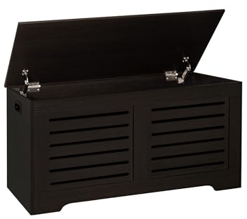 DINZI LVJ Storage Chest, 43.3” Wooden Toy Box with 2 Safety Hinges, Retro Entryway Shoe Storage Bench with Flip-Top, Sturdy Large Storage Trunk for Living Room, Bedroom, Easy Assembly, Espresso