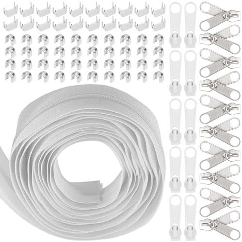 Swpeet 1 rotolo 9,1 m #5 grigio nastro con cerniera lampo in nylon, set di cerniere lampo con 20 cursori coordinati, kit assortito, set di cerniere lampo sostitutive con doppio cursore singolo