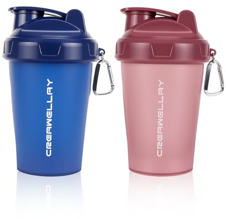 CREAWELLAY 2 Pack Shaker Bottles for Protein Mixes, 17 oz Small Protein Shaker Bottle with Handle, Gym Shaker Cups with Blending Ball for Pre Workout, BPA-Free & Dishwasher Safe (Blue, Pink)