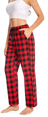 Cyathea Pantalon de pyjama pour femme - 100% flanelle de coton - Pantalon de pyjama à carreaux - Avec poches - Vêtement de nuit - Bas de pyjama doux pour femme - Taille réglable avec cordon de