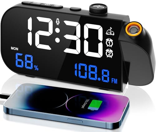 VOSFEEL Sveglia Digitale con Proiettore, Temperatura Umidità Radio Sveglia, Ricarica Usb Sveglia da Comodino, Proiezione Regolabile 180°, 12/24h, 3 Livelli Luminosità per Camera