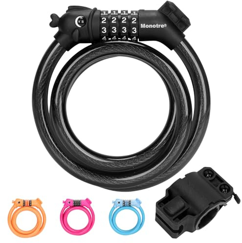 Monotre Bike Lock, 3.9 Feet 4-Digit Resettable Combination Password Anti-Theft Cable Lock, Cute Coiled Bike Locks with Mounting Bracket, Suitable for Bicycles, Electric Scooters, Ebikes (Black-10mm)