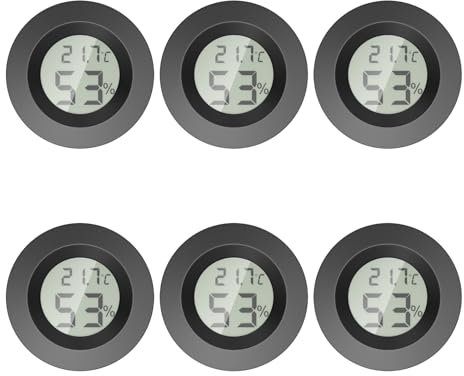 Gvolatee Higrometro Digital, Termometro Casa, Medidor Temperatura y Humedad, Alta Precisión Termometro Interior, Termómetro Higrómetro Redondo, Mini Thermometer and Hygrometer (6 Piezas Negro)