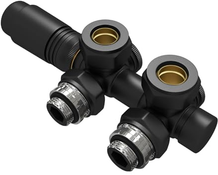 EMKE Raccordi per radiatori multiblocco, accessori per il riscaldamento, angolo e forma di passaggio, 50 mm, valvola per radiatore con termostato (per tubi da 15 mm + 16 mm, G1/2, 1 pezzo, nero)