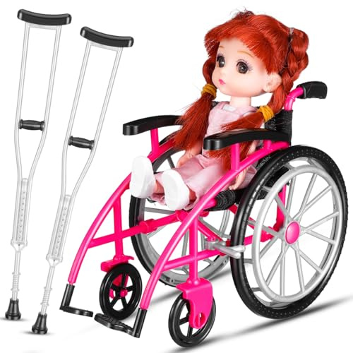 TOYANDONA Sedia a rotelle per bambole e stampelle per bambole in miniatura, modello pieghevole per accessori per la casa delle bambole e decorazione in miniatura realistica