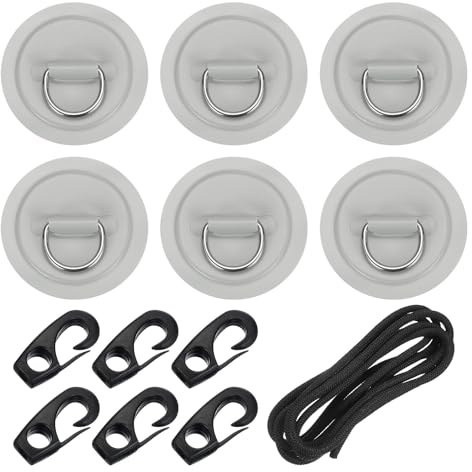 PATIKIL Anilla D Parche, 6 Pcs Anilla D De Acero Inoxidable Parche De PVC Sin Pegamento Incluye Cuerdas Elásticas De 8.2 Pies Y Ganchos Tabla De Paddle Canoa Tabla De Surf, Gris