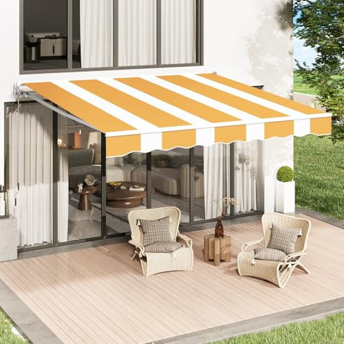 UNIONLINE Retractable Manual Awning, 4x2.4m DIY Folding Awning with Hand Crank Patio Garden Sun Shade Canopy Gazebo, Anti-UV and Waterproof for Courtyard, Balcony, Restaurant(Yellow-White)