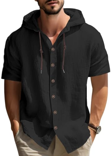 MEDUOLA Camisa de Manga Corta de Lino para Hombre,Cuello con Capucha,Diseño Ligero y Transpirable para Verano,Estilo Casual y Modern
