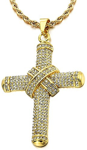 COOLSTEELANDBEYOND Hombre Mujer Grande Oro Colgante de Nudo Cruz con Circonita, Collar Acero Inoxidable, Cadena Cuerda 75CM
