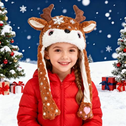 ZONESTA Plush Deer Jumping Ear Hat,Cute Fluffy Animal Ear Flap Hat Christmas Party Girls Gift