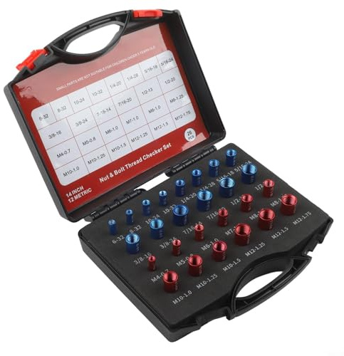 Set di 26/44 bulloni e calibri per viti metriche e imperiali, strumento di identificazione dei dadi con misuratori di misurazione filettatura maschio/femmina, in alluminio (26 pezzi, rosso/blu)