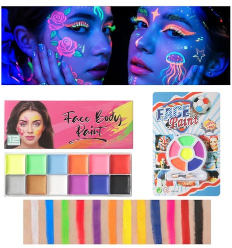 ROKZELT Trucco Fluorescente, 18 Colori, Pittura Viso e Corpo, Lavabile, Neon, per Halloween, Carnevale, Natale, Feste ed Eventi