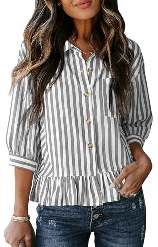 Flikity Blouses for Women UK, Button Down 3/4 Sleeve Womens Striped Tops Dressy Casual Loose Tops Ladies Shirts Tunics for Leggings Women's Fashion Spring Summer Autumn Clothes L Black Grey
