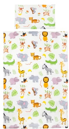 TAMEOLIE Barnsängkläder, 100 x 135 cm och 40 x 60 cm, bomull, vändmotiv, safari/djur, 100 % bomull, Oeko-Tex Standard, lejon, elefant, sängkläder för pojkar, barn, spädbarn, småbarn, sängkläder i set
