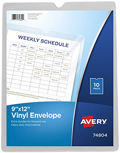 Avery File Envelopes, 9 x 12 Travel Document Organizer, Holds up to Sheets, 10 Clear Vinyl Envelopes (74804)