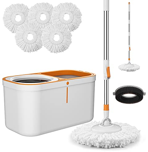 Spin Mop Bucket with Wringer System Extended Mop Handle 61＂Mop and Bucket for Floors Cleaning with 5 Replacement Head Refill 1 Cleaning Brush Head