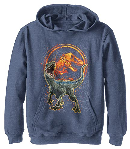 Jurassic Park Unisex Child World Fallen Kingdom Forged In Fire Youth Pullover Hoodie Sweatshirt, Navy Blue Heather, X-Large US