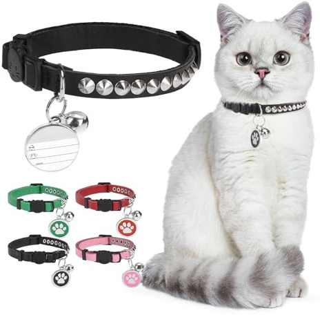 DILLYBUD Leather Personalized Breakaway Cat Collar with Studded Bell and Safety Quick Release Buckle - Rivets Studded ID DIY Collars for Boy Girl Cats Kittens, 9 - 11.5 Black