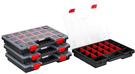 Valle Verde 4er Set Sortimentskasten, Sortierkasten, Kleinteilemagazin, Sortierbox - Verstellbare Trennstege, Transparenter Deckel, Verschließbar, Stapelbar, Kunststoff - 34,4 cm x 24,9 cm x 5 cm