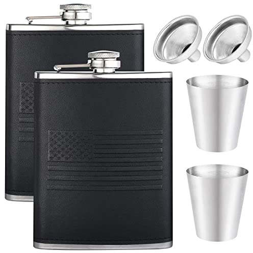 2 Pcs Hip Flask for Liquor for Men,8Oz Black Leather American Flag Stainless Steel Leakproof Never-Lose Metal Cap,with Funnel and Mini Cups,Gifts for Flag Day Outdoor Activities Wedding Party
