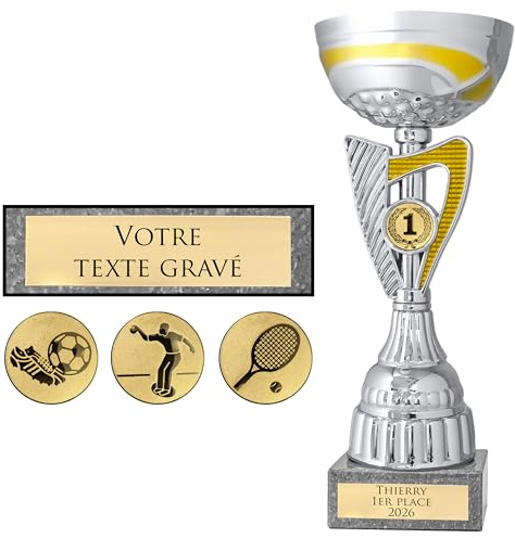 KDO MAGIC Trophée Personnalisable - Coupe personnalisée avec Texte - Gravure - Plusieurs modèles - Or et Argent - Cadeau fête des Pères, Anniversaire, Sport (Modèle Numéro 1)
