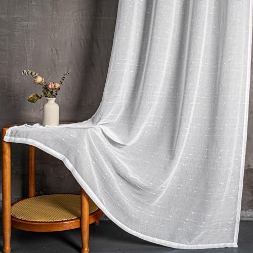 MYSKY HOME Vorhang Weiß Gardinen mit Ösen Voile Vorhänge Kinderzimmer Gardine Wohnzimmer 2er Set Modern Weiss Streifen Ösenschal Transparent Dekoschal für Schlafzimmer H 260 x B 140, Weiß.