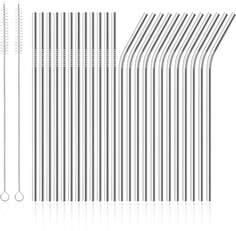 Xmart 24 Pezzi Cannucce in Acciaio Inox Set 21.5cm Cannuccia Riutilizzabile in Acciaio Inossidabile con Spazzola per Pulizia Lunghe Cannucce Metallo Riutilizzabili per Cocktail Frullati Succhi Caffè