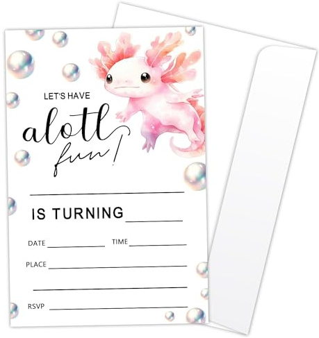 Axolotl L863 - Biglietti di invito per feste di compleanno per bambini, 20 inviti per feste di compleanno con buste, motivo animali dell'oceano rosa, per ragazzi, ragazze, adolescenti, bambini,